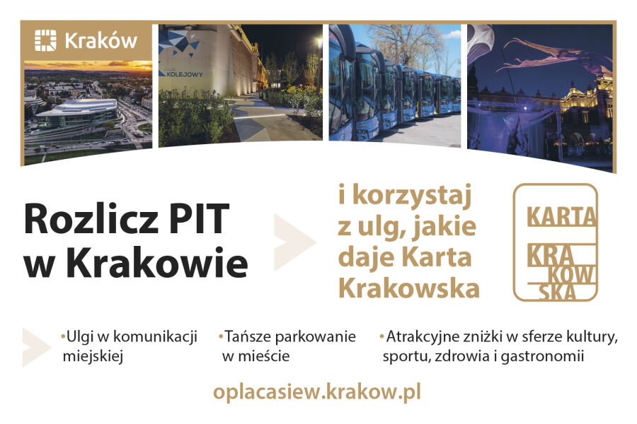 baner informacyjny z hasłem "Rozlicz PIT w Krakowie"